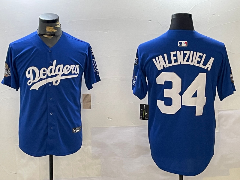 Men Los Angeles Dodgers 34 Valenzuela 2024 World series patch blue jersey 20241120123